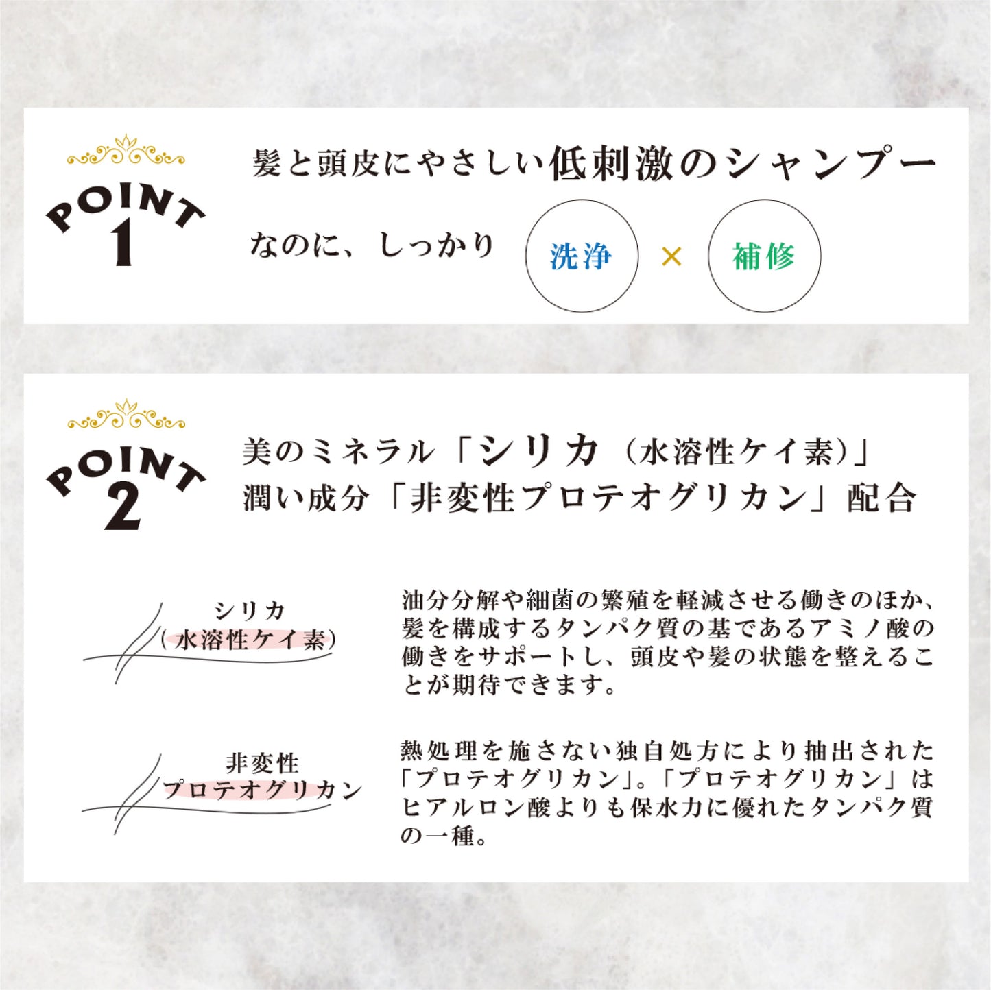 ポイント1:低刺激のシャンプー、ポイント2:美のミネラル「シリカ(水溶性珪素)」、潤い成分「非変性プロテオグリカン」配合